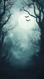 Moonlit bats haunt a mist-drowned, twisted forest corridor.