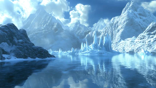 Glacial mountain basin with reflective cryogenic water plane.