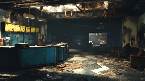 Derelict industrial workshop shows corroded metal and volumetric light