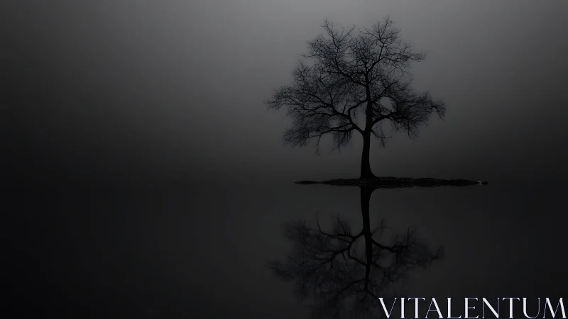 Solitary leafless tree reflected on still water at dusk