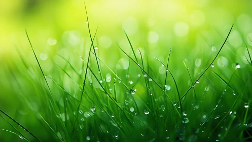 Morning dew orchestra on sunlit emerald blades of grass.