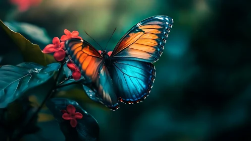 Butterfly rests on red flowers with vivid blue orange wings