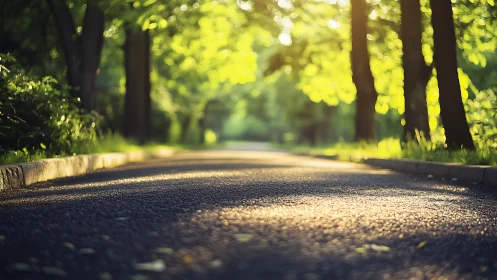 Tree-lined asphalt path with low angle sunlight view.