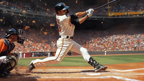 Thunderclap swing ignites dusty fireworks over packed stadium.