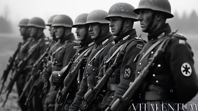 Somber line of soldiers stands in misty open landscape