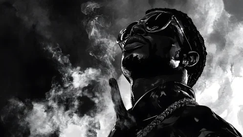Monochrome portrait elevates glossy urban figure in smoke