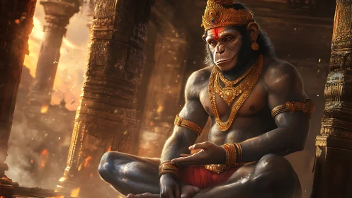 Simian deity in molten ruins holds calm amid swirling fire.