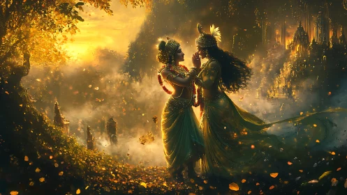 Divine lovers in golden mythic landscape with luminous temples