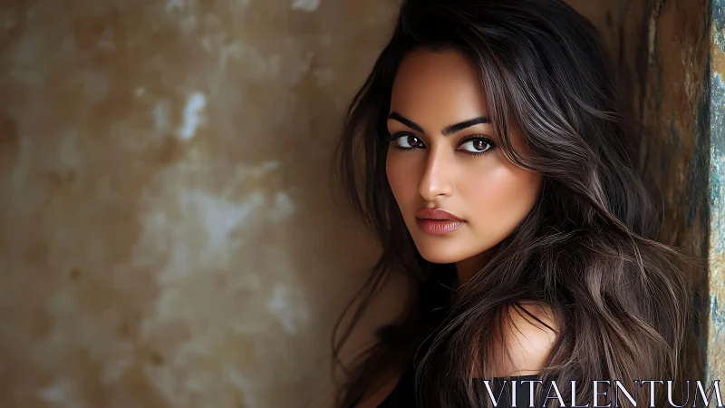 Woman with long dark hair leaning against textured wall.