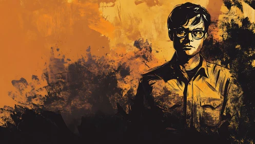 Male figure in glasses against abstract orange backdrop.