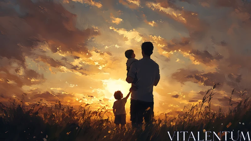 Backlit father and children silhouette framed by luminous sunset sky