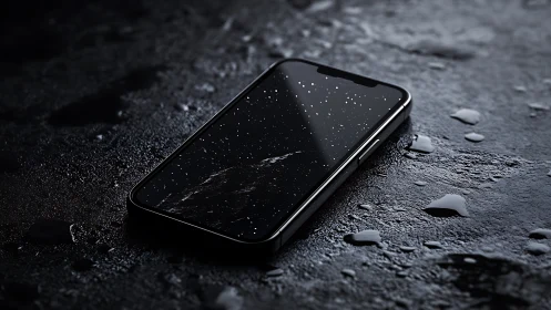 Water-resistant smartphone on wet textured surface under specular light