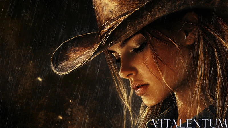 Quiet courage glows as a cowgirl bows her head in rain