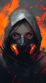 Hooded figure in respirator mask with emissive orange eyes and vents