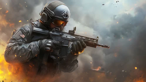 Smoke-scarred battlefield crowns a lone tactical gunner