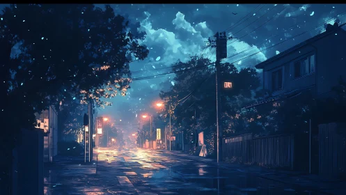 Quiet residential street at night under wet reflective pavement.