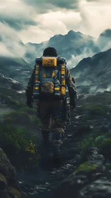 Solitary sci-fi trekker crossing misty volcanic highlands.