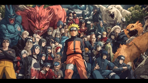 Central blonde ninja stands before gathered shinobi and beasts