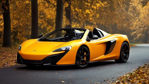 Yellow convertible sports car on forest road in autumn.