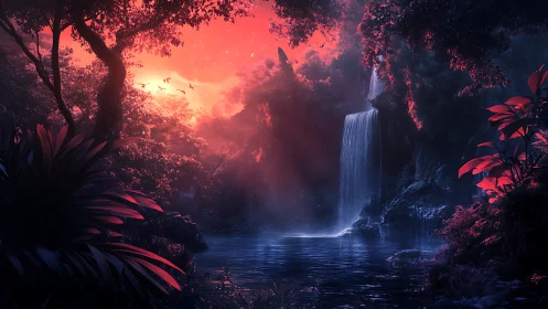 Bioluminescent jungle waterfall under crimson twilight sky