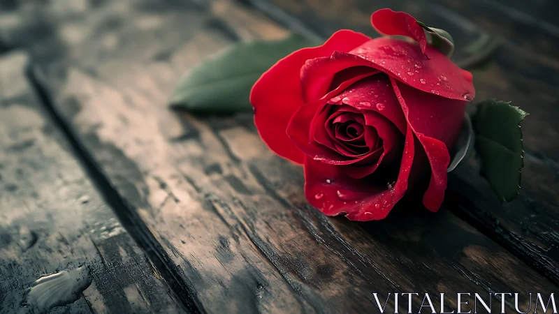 Single red rose rests on wet rustic wooden surface.