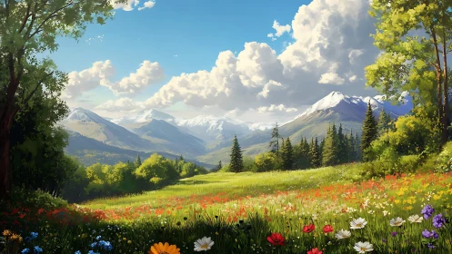 Wildflower valley dreaming beneath bright alpine giants.