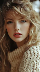 Soft autumn portrait captures serene gaze and warm knit.