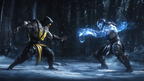 Masked warriors duel with fire and ice powers in snow forest.