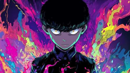 Psychedelic aura engulfs stern boy with intense glowing eyes