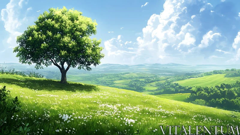 Digital pastoral hillside with solitary tree and vast cloudscape.