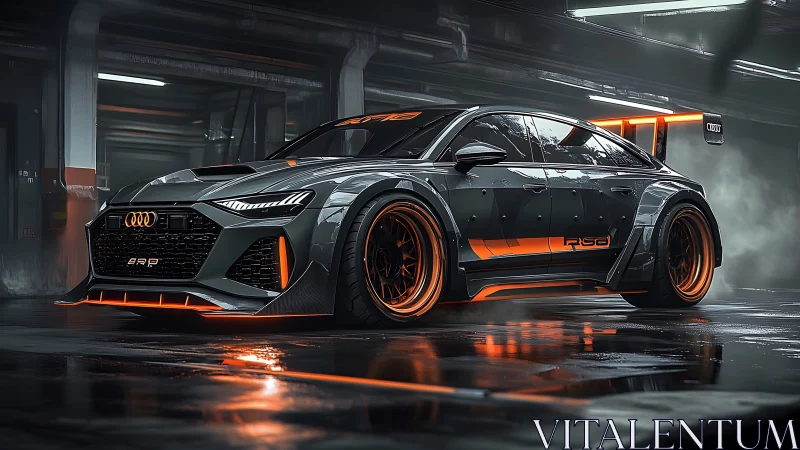 Sleek tuned Audi glows with bold orange light in misty garage