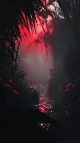 Blood-red light floods a misty jungle river at twilight