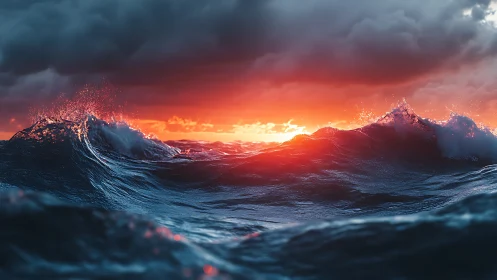 Stormy ocean waves under intense red sunset sky.
