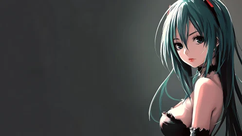 Shadowlit teal-haired anime girl in quiet side-glance poise.