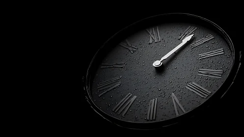 Wet black roman numeral clock face isolates in dramatic contrast