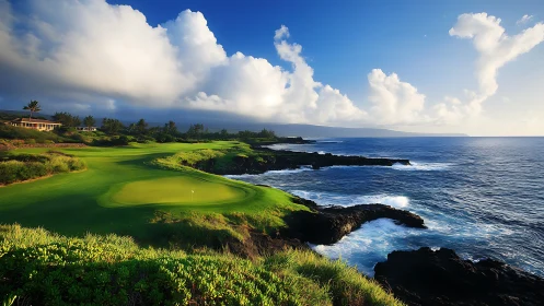 Sunlit oceanfront golf green beside rolling blue waves.