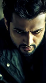 Intense close up portrait of man with serious expression.