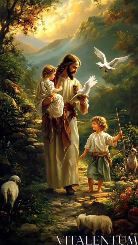 Gentle shepherd walks with children and doves in golden light