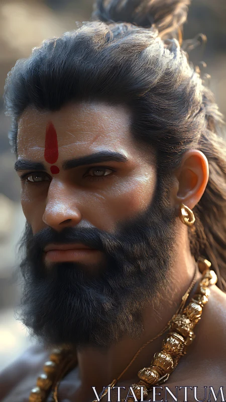 Warrior sage gazes forward, gold and ash tracing his legend