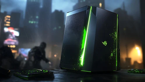 Neon-lit gaming tower in rain-soaked cyberpunk streetscape.