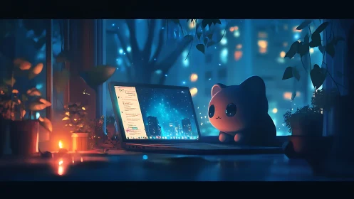 Soft-lit desk with laptop and stylized cat figure at night.