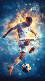 Fiery soccer player leaps into action against a cosmic sky