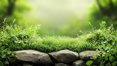 Natural Stone Border with Vibrant Moss and Garden Plantings.