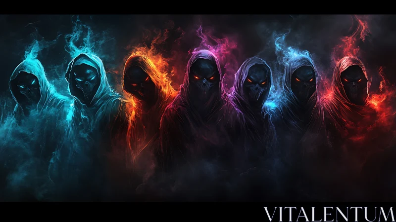 Hooded spectral figures with elemental colored energy glow.