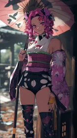 Pink-haired anime girl poses in stylized festival alleyway.