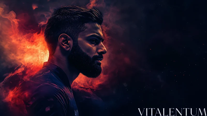 Profile portrait of male subject surrounded by digital flames