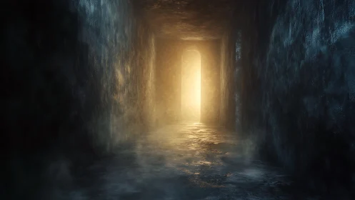 Dark stone corridor opens toward intense golden doorway