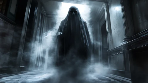Volumetric-lit spectral figure advances through fog-laden hallway