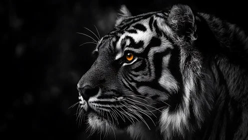 Golden-eyed tiger rests in shadowy monochrome calm.