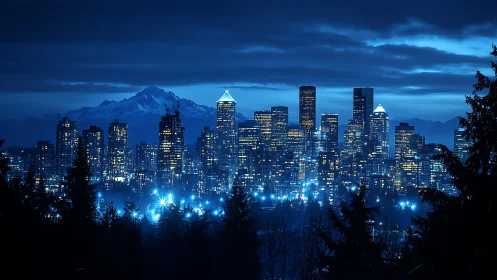 Nocturnal blue metropolis with alpine backdrop and luminous grid.